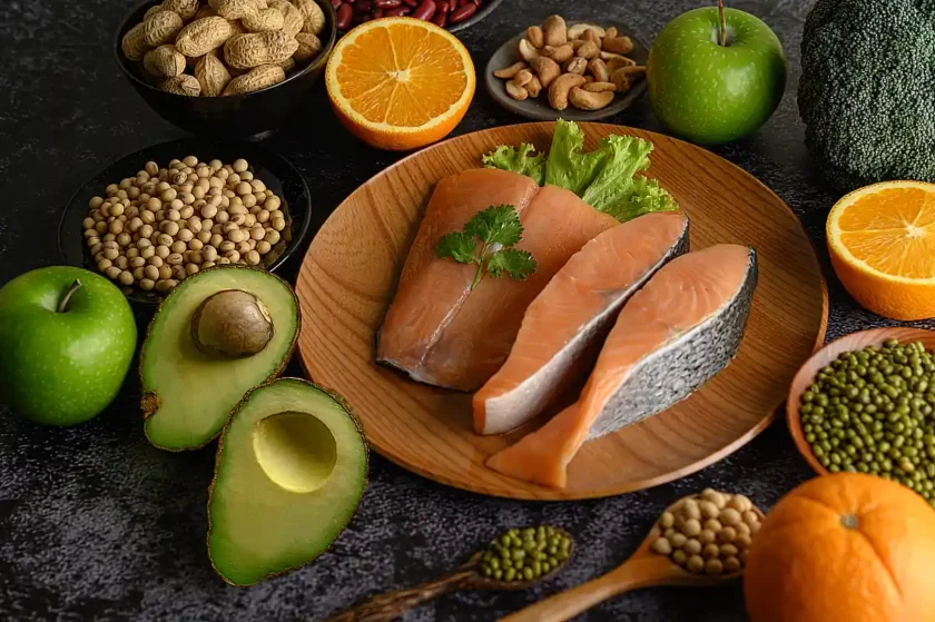 Zdroje vitamínu D na dřevěném stole, symbol slunečního vitamínu